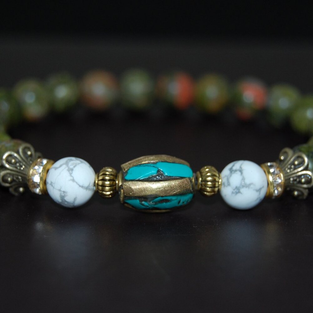Unakite Stone Bracelet,Indian Bronze Charm,8mm Unakite Stone Beads